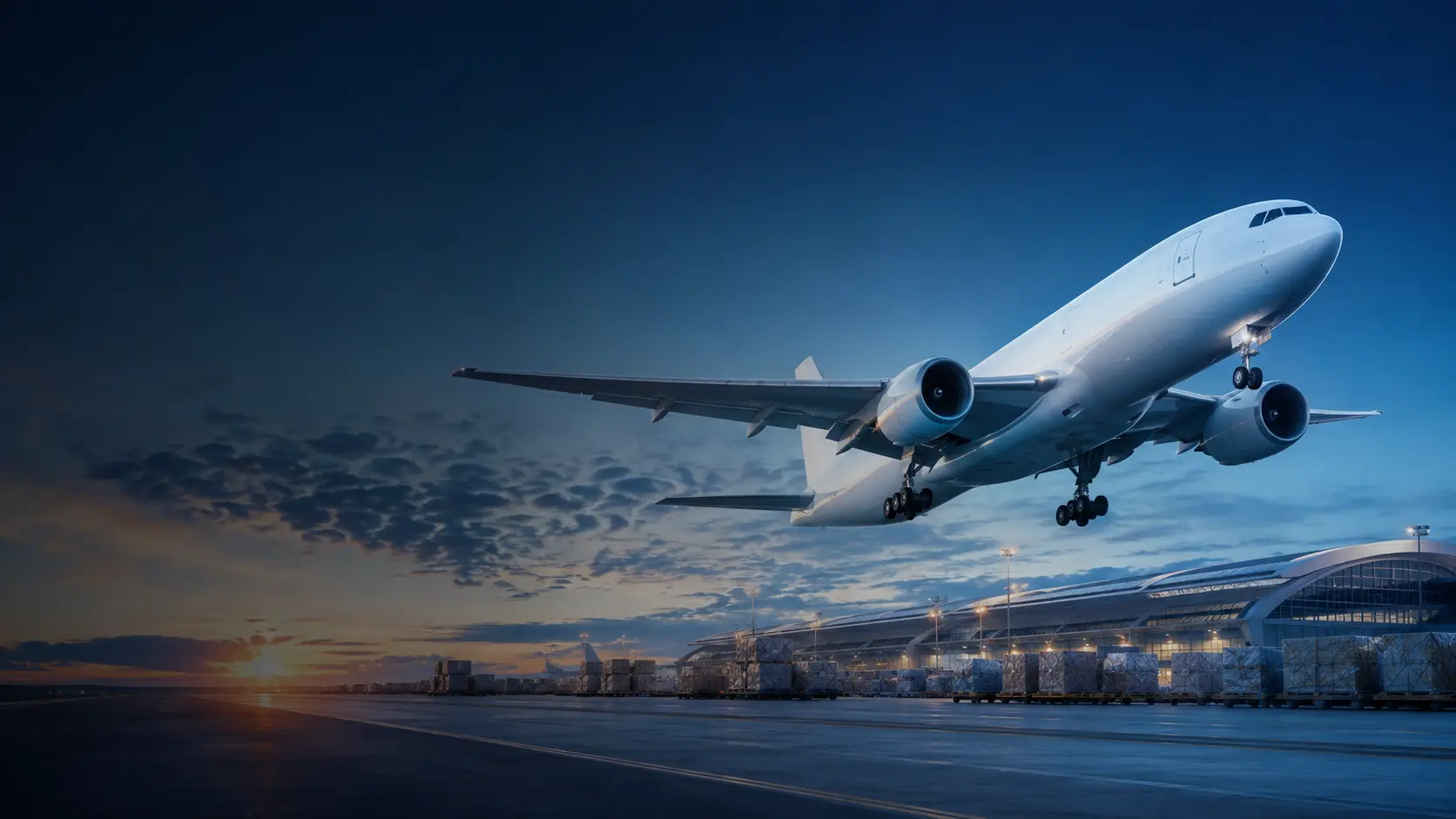 Avión de carga despegando de un aeropuerto internacional